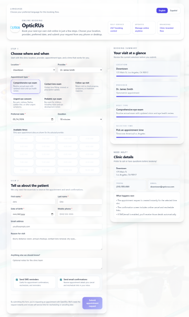 Patient self-booking portal showing location, provider, appointment type selection and patient details form