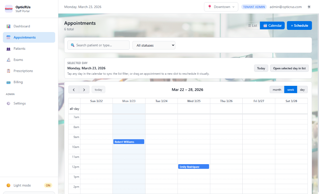 Appointment calendar view showing week layout with patient bookings