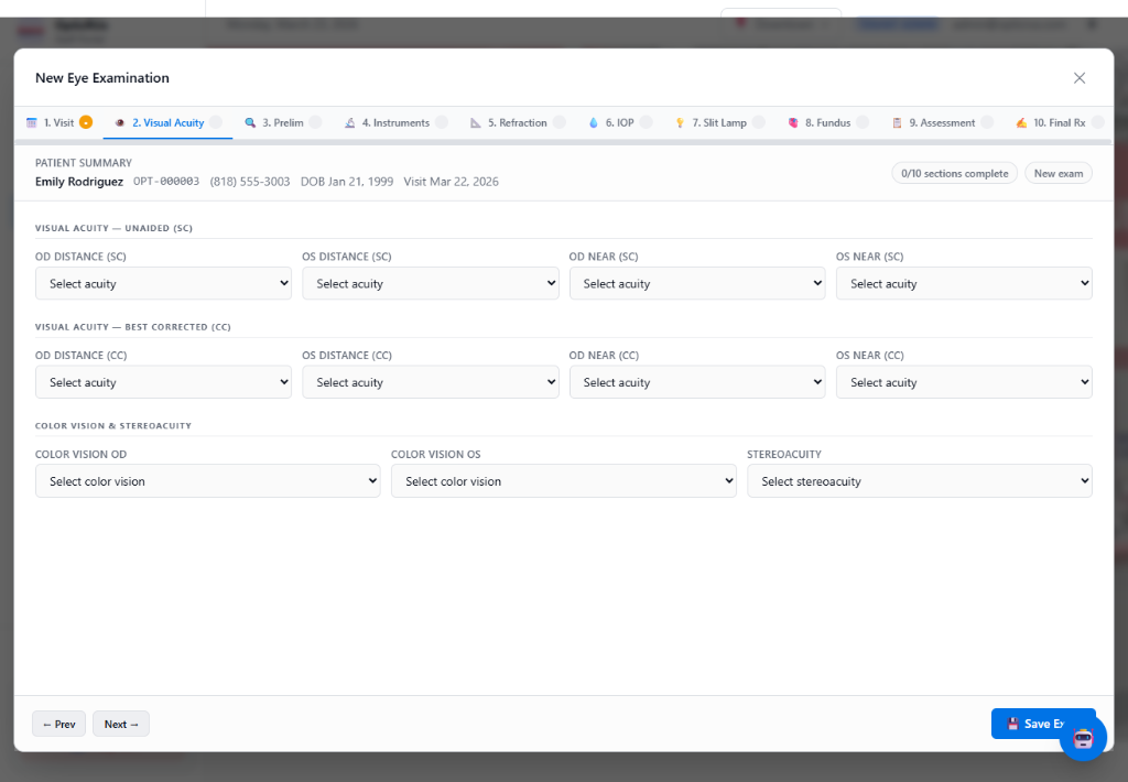 Eye examination form showing 10-tab workflow: Visual Acuity, Refraction, Slit Lamp, and more