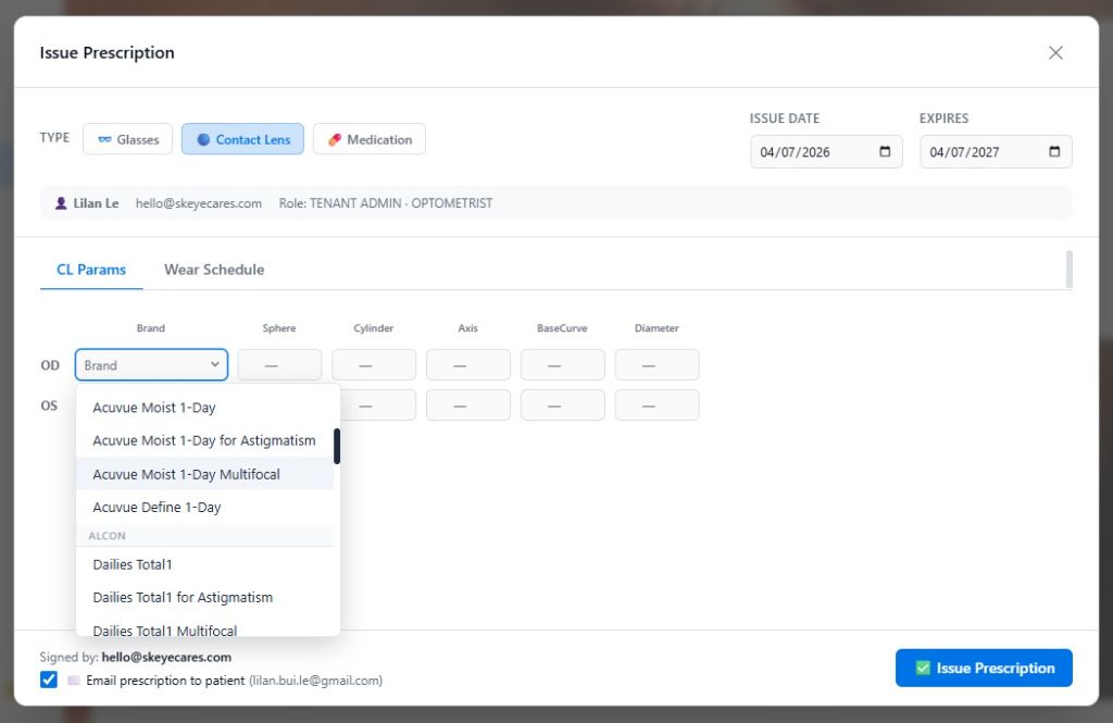 Issue Prescription screen showing Contact Lens tab with brand combobox open listing Acuvue and Alcon brands, OD/OS parameters, and Email prescription to patient checkbox