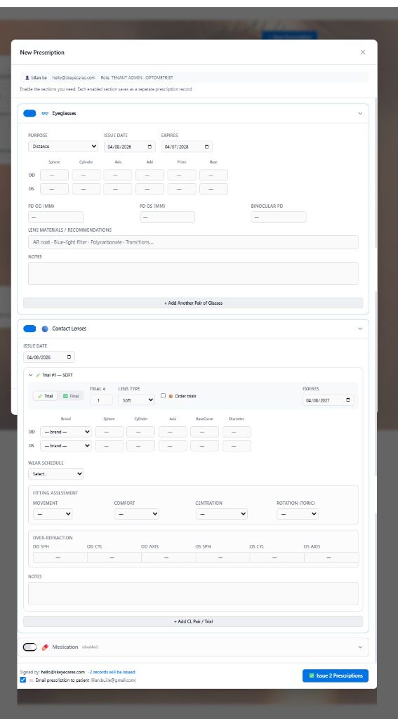 New Prescription form showing eyeglasses section with Purpose dropdown, Lens Materials field, and contact lens trial section with fitting assessment, over-refraction, and '2 records will be issued' footer