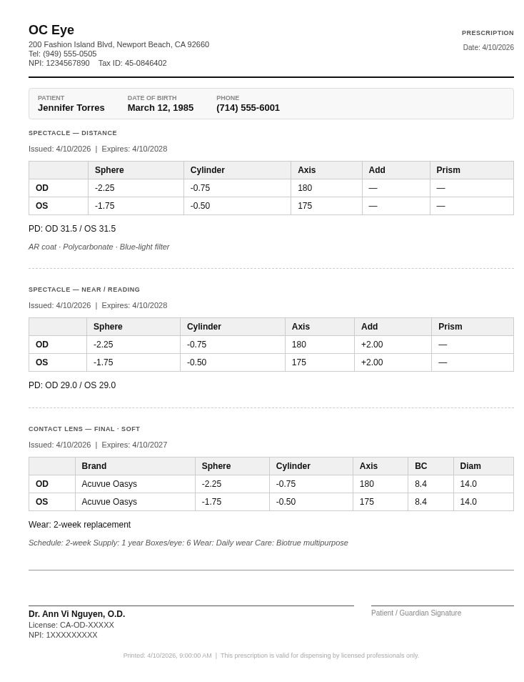 Printed prescription output for OC Eye showing Spectacle Distance, Spectacle Near/Reading, and Contact Lens Final sections with provider signature block